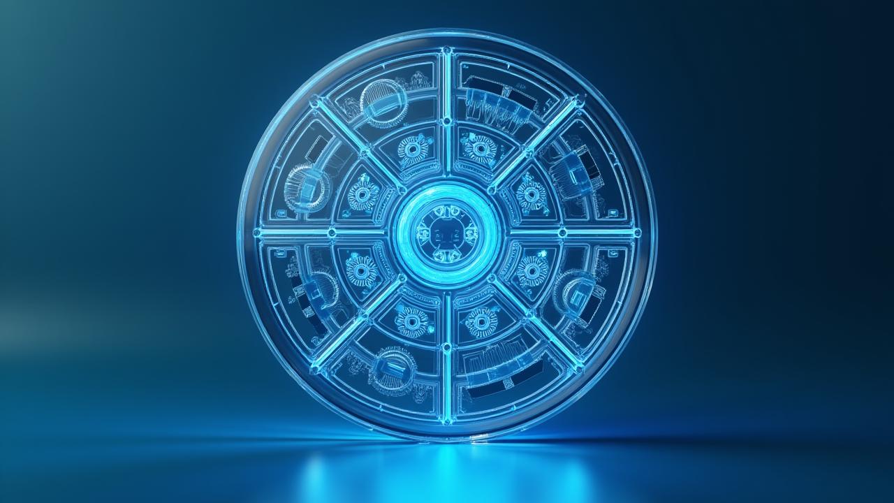 Grafik zeigt ein perfekt ineinandergreifendes System aus stilisierten Zahnrädern und digitalen Elementen, das Stabilität und fortlaufende Funktion symbolisiert.