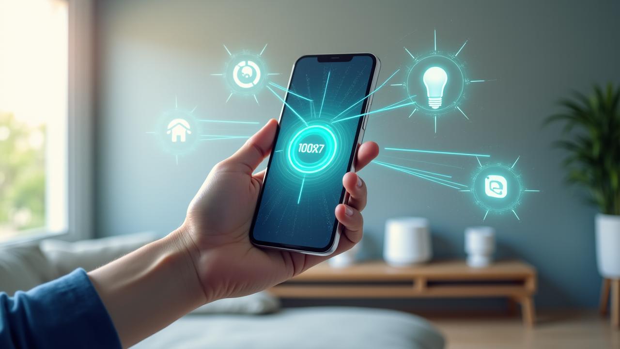 Ein Smartphone steuert eine vernetzte Smart-Home-Umgebung mit stilisierten smarten Geräten, symbolisiert durch fließende Datenströme.