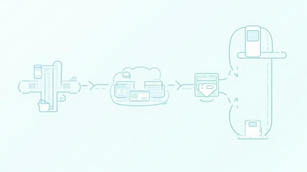 Infografik: Schematische Darstellung des IoT-Integrationsprozesses von Earth Mobile, beginnend mit Smart Device über Gateway, Cloud-Plattform bis zur Mobile App.