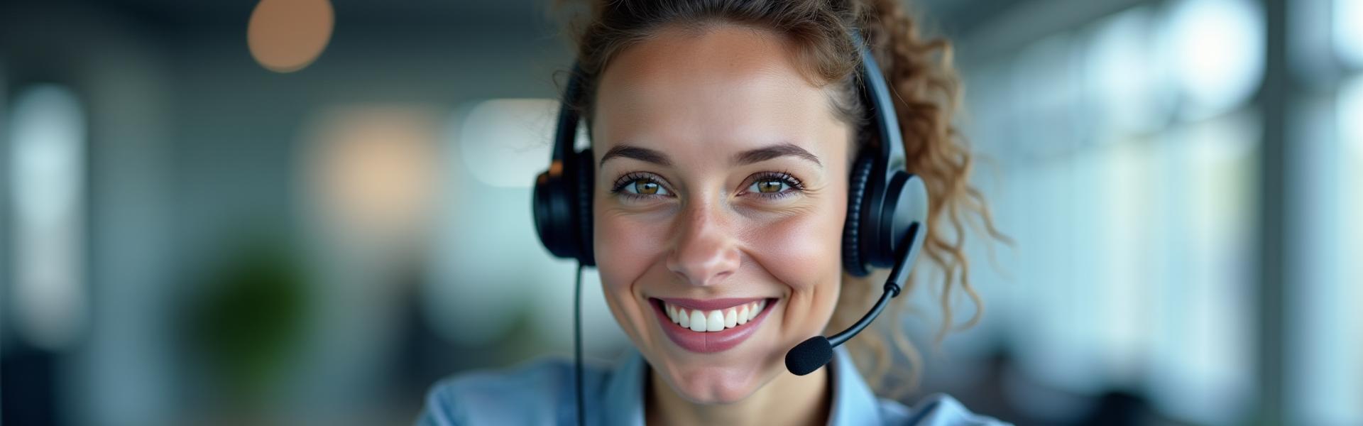Freundliches Earth Mobile Teammitglied mit Headset lächelt