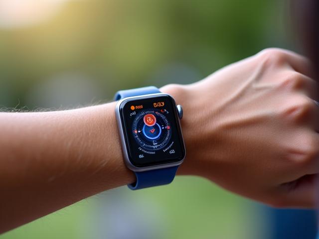 Person mit Smartwatch am Handgelenk, die eine intuitive Gesundheits-App-Oberfläche zeigt